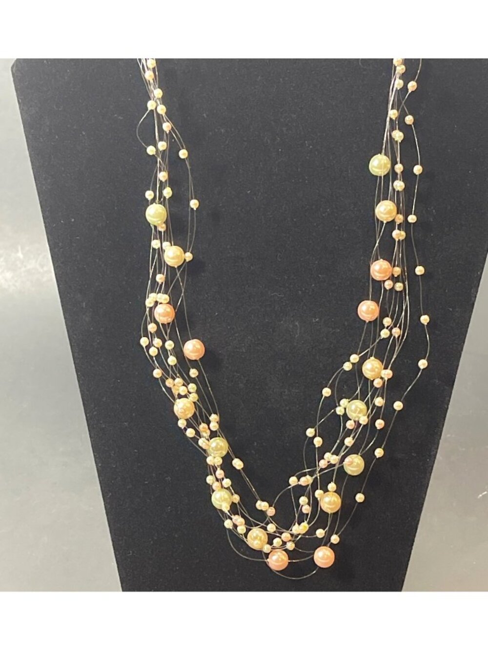 Vintage Faux Pearl Necklace Floating Illusion Green Pink Pastel Multi Strand 22"